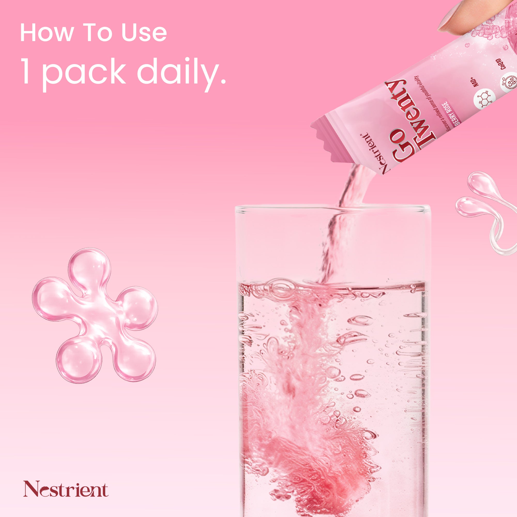 Nestrient GoTwenty Youthful Vitality powdered drink mix with NAD+, collagen, and CoQ10 in berry rose flavor, shown in a glass with mix.