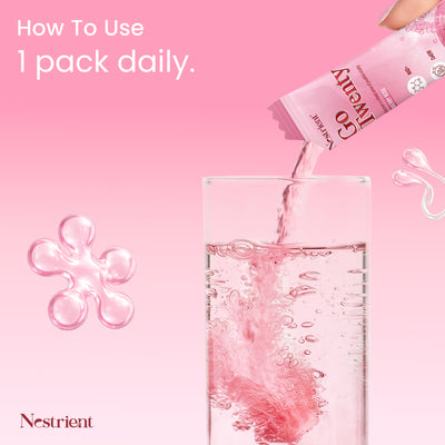 Nestrient GoTwenty Youthful Vitality powdered drink mix with NAD+, collagen, and CoQ10 in berry rose flavor, shown in a glass with mix.