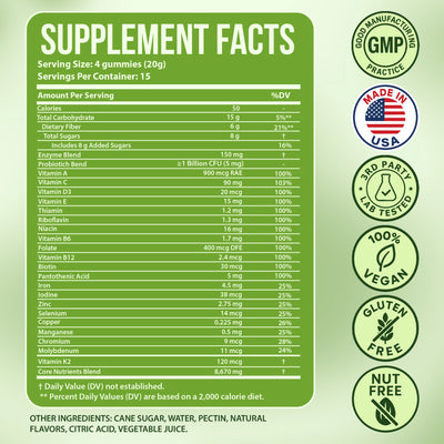 Nestrient GoDigest Probiotics & Enzymes Gummies in matcha flavor, showing six green gummies with matching flavor packaging.