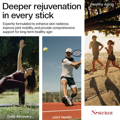 Nestrient GoTwenty youth vitality powdered drink mix in Berry Rose flavor with NAD+, collagen, and CoQ10, shown in a glass.