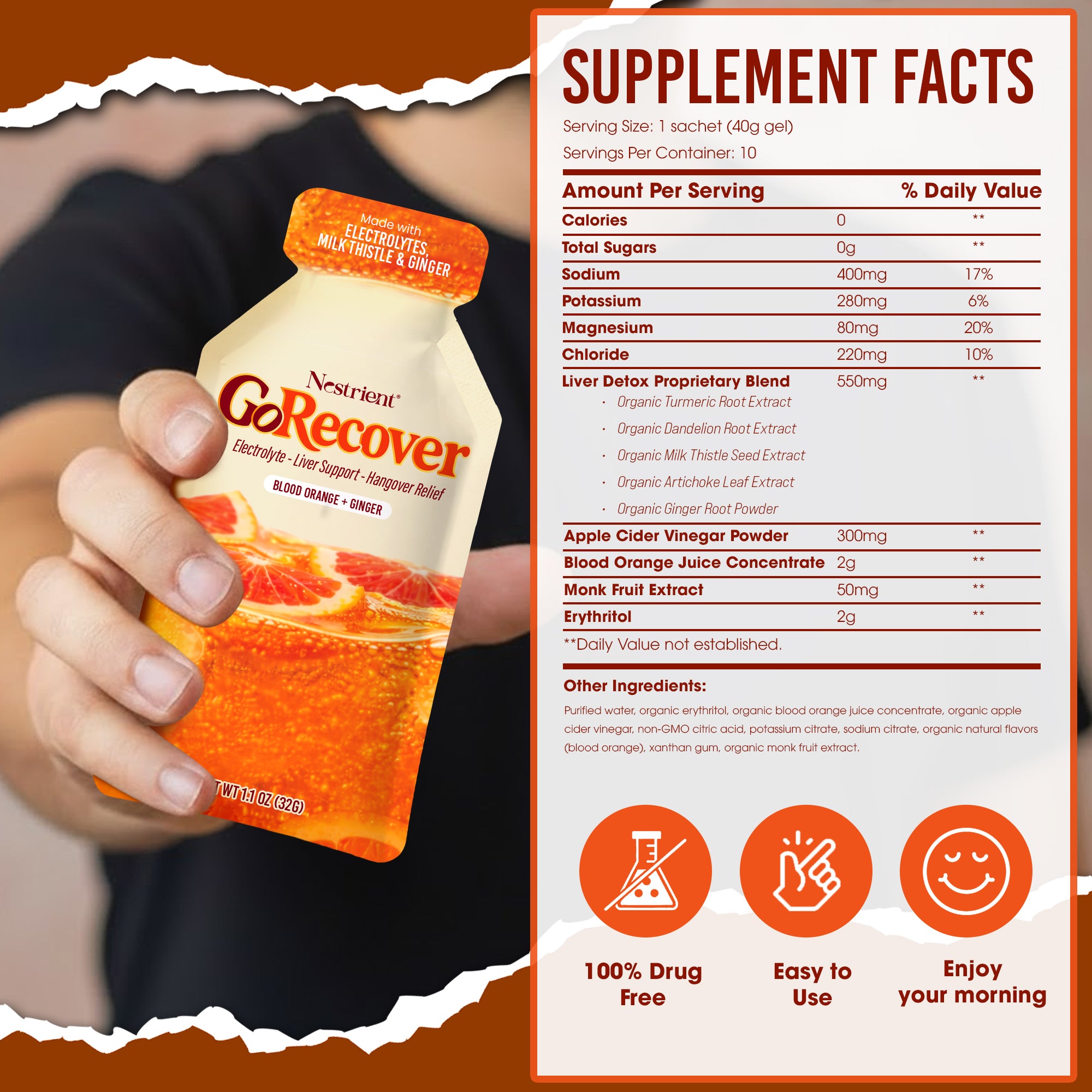 Nestrient GoRecover Liver Detox, Hangover Relief Gel Sachet with Electrolyte, Milk thistle – Blood Orange & Ginger Flavor