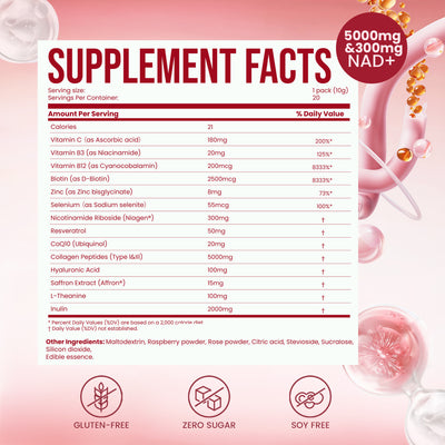 Nestrient GoTwenty youthful vitality powdered drink mix with NAD+, collagen, and CoQ10 in berry rose flavor, shown in a glass.