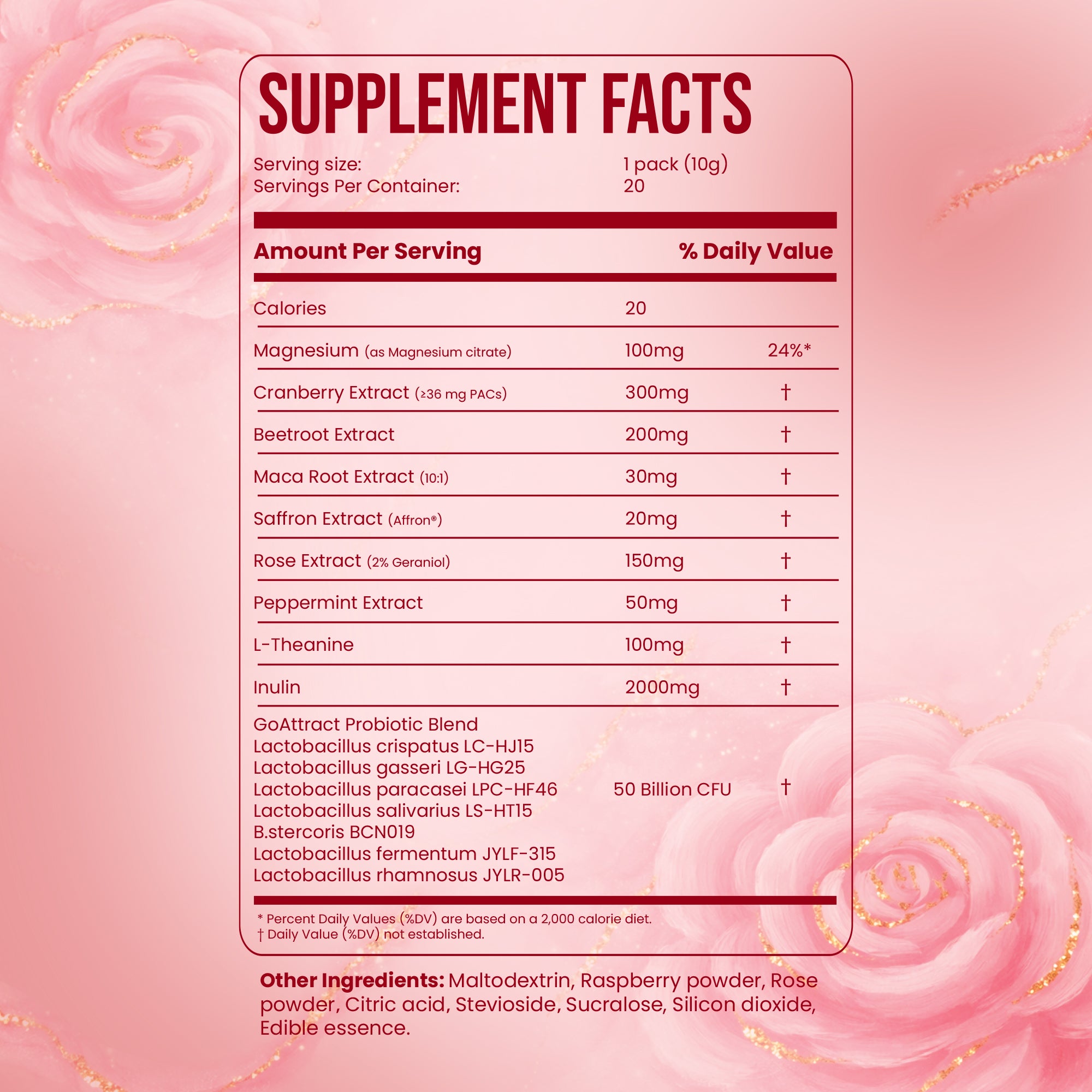 Nestrient GoAttract feminine balance glow drink mix with probiotics and rose extract, berry rose flavor, shown in a glass with ingredients