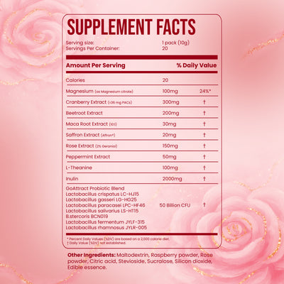 Nestrient GoAttract feminine balance glow drink mix with probiotics and rose extract, berry rose flavor, shown in a glass with ingredients