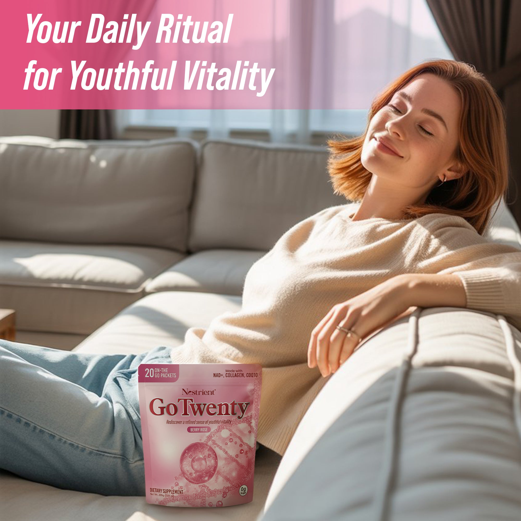 Nestrient GoTwenty Youthful Vitality Powdered Drink Mix with NAD+, Collagen, COQ10 – Berry Rose Flavor