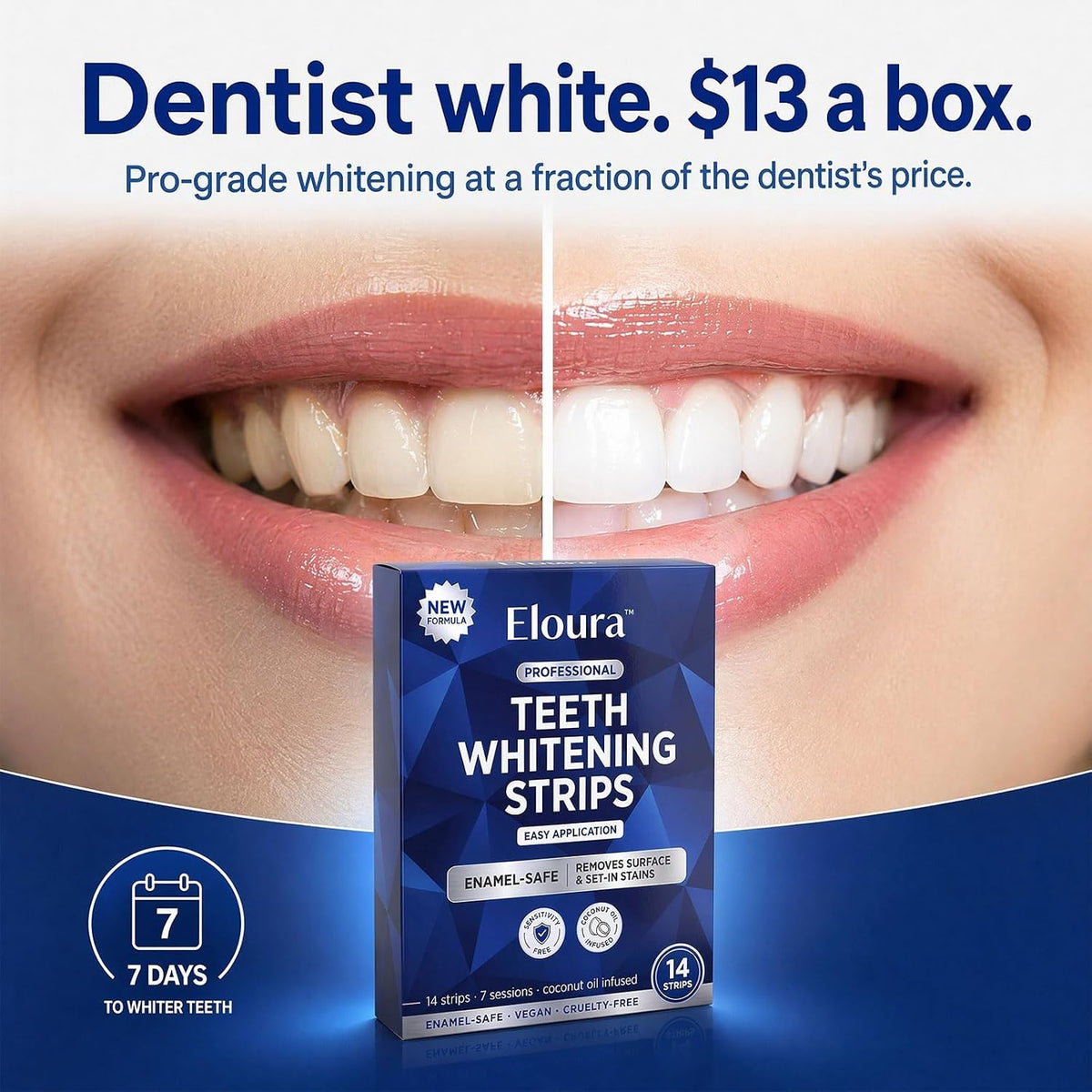 Nestrient Eloura Whitening Strips for instant teeth whitening, showing 14 strips packaged in a clear blister pack.