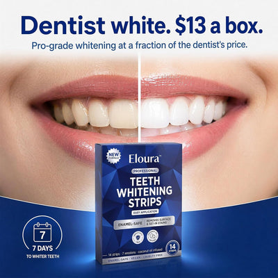 Nestrient Eloura Whitening Strips for instant teeth whitening, showing 14 strips packaged in a clear blister pack.