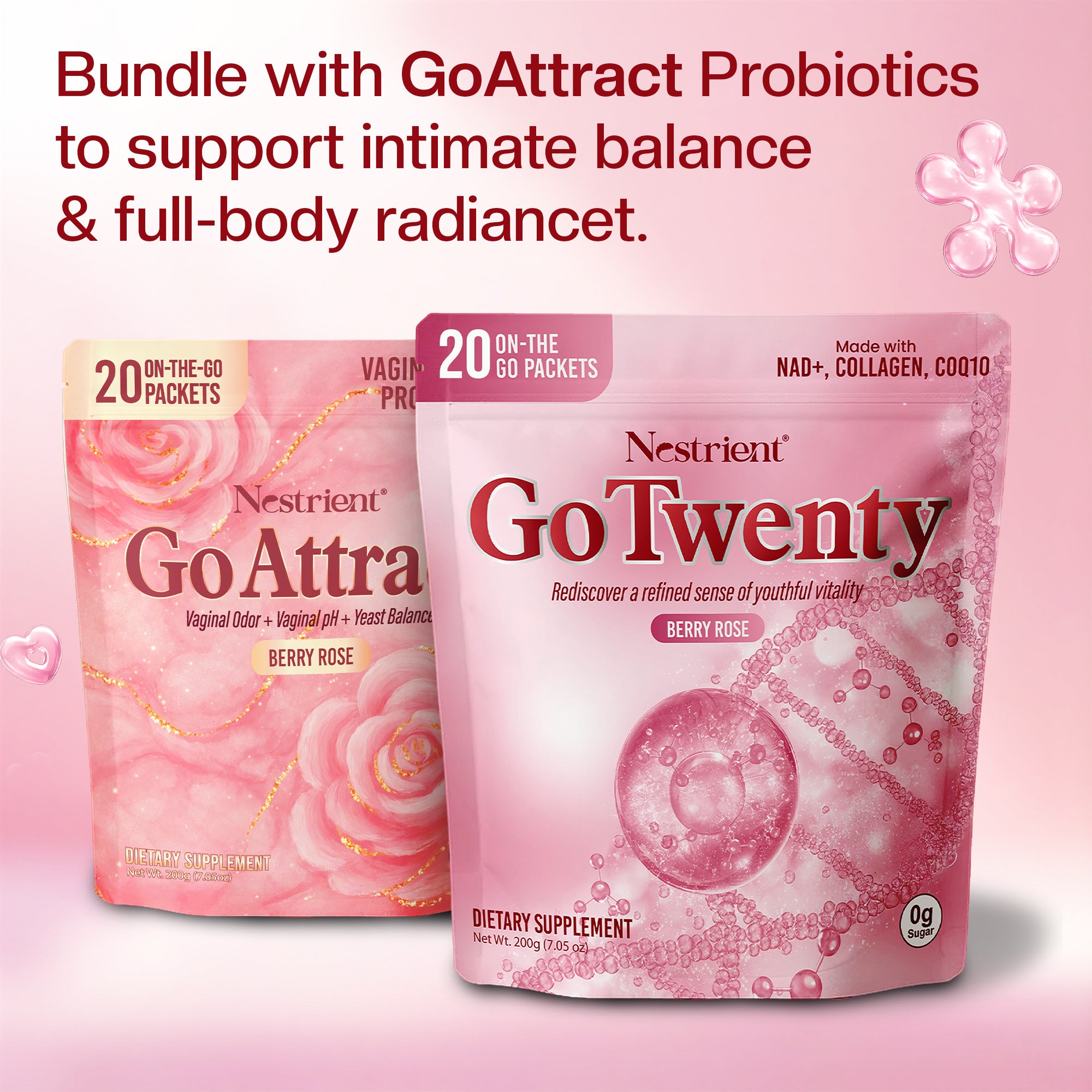 Nestrient GoTwenty Youthful Vitality powdered drink mix with NAD+, collagen, and CoQ10 in berry rose flavor, showing the product container and scoop.