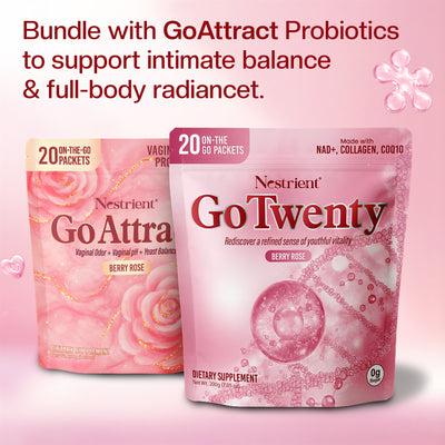 Nestrient GoTwenty Youthful Vitality powdered drink mix with NAD+, collagen, and CoQ10 in berry rose flavor, showing the product container and scoop.
