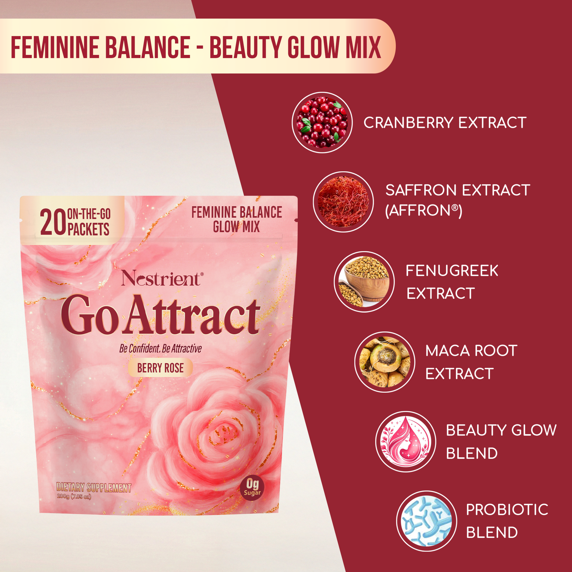 Nestrient GoAttract Feminine Balance Glow Drink Mix with Probiotics & Rose Extract – Berry Rose Flavor