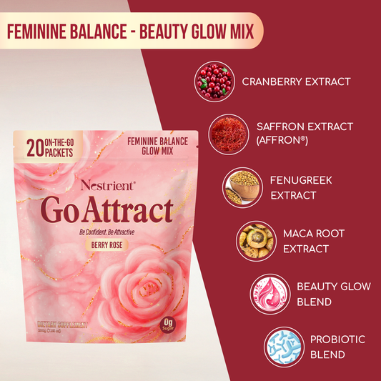 Nestrient GoAttract Feminine Balance Glow Drink Mix with Probiotics & Rose Extract – Berry Rose Flavor