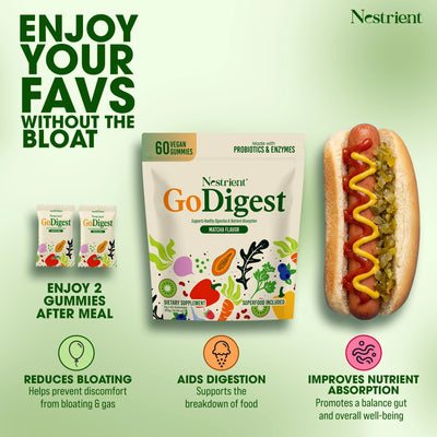 Nestrient GoDigest Probiotics & Enzymes Gummies in matcha flavor, showing colorful gummy bear-shaped supplements on a white background.