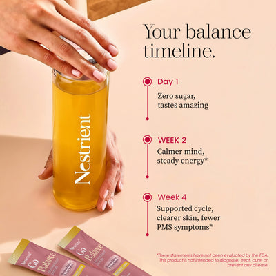 Nestrient GoBalance hormonal support drink mix in a resealable pouch, featuring natural ingredients and a 40:1 formula.
