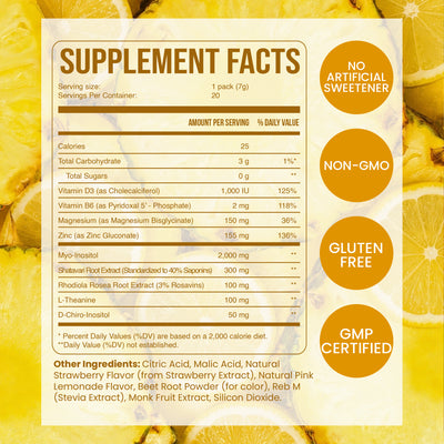 Nestrient GoBalance hormonal support drink mix in a colorful packet, designed to support hormonal balance and wellness.