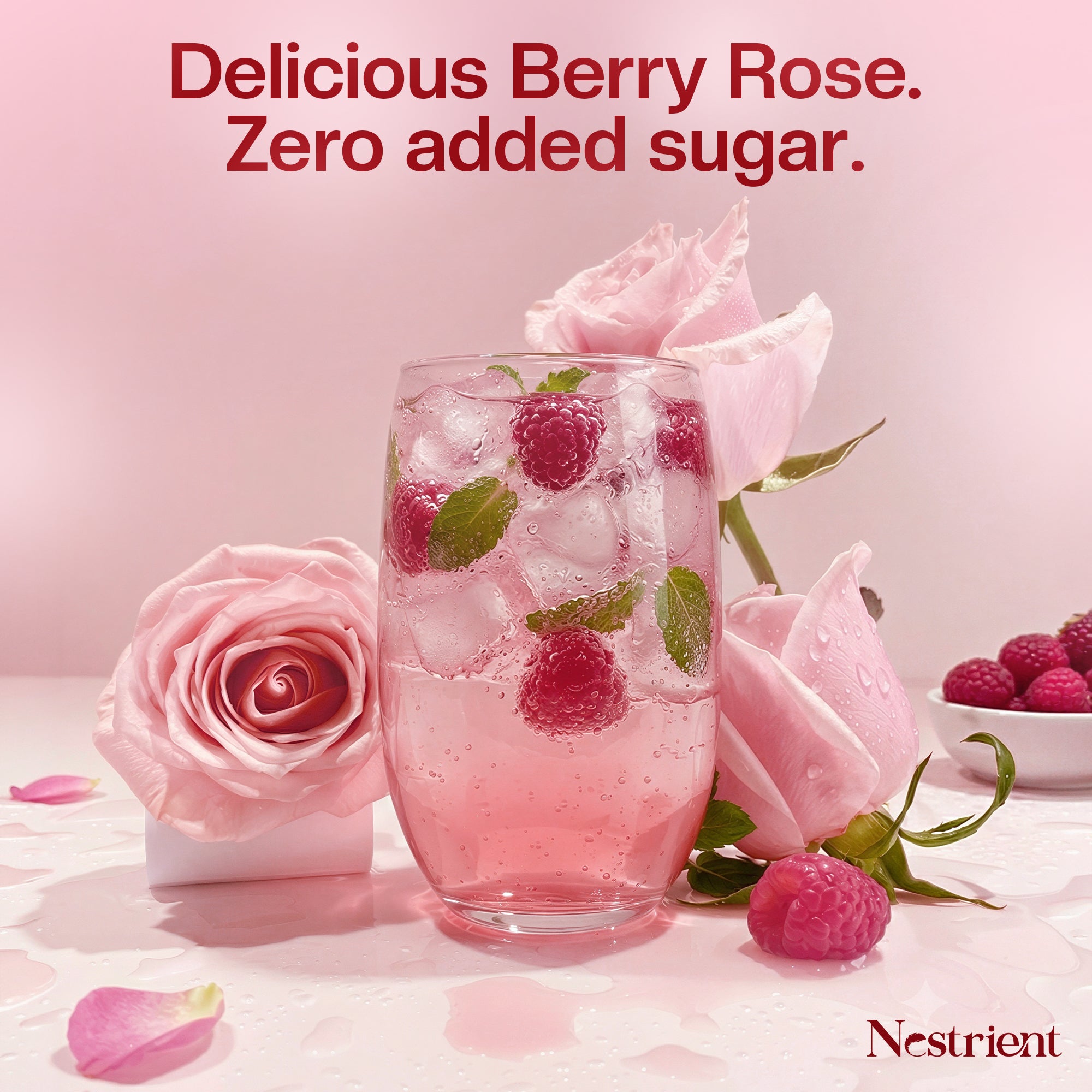 Nestrient GoTwenty youthful vitality powdered drink mix in berry rose flavor with NAD+, collagen, and CoQ10, shown in a glass and packaging.