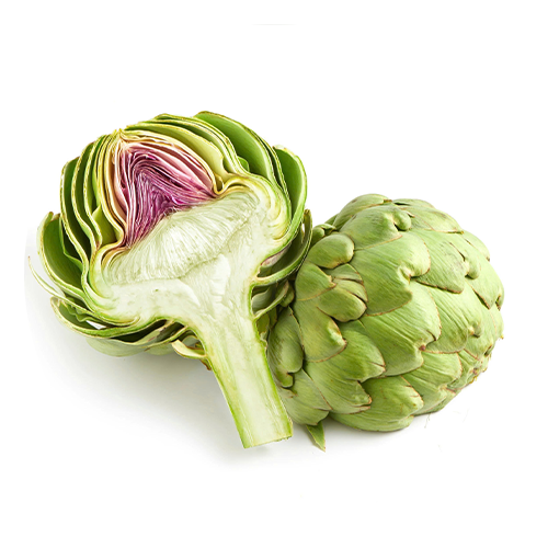 Two artichokes, one whole and one cut open, on a white background