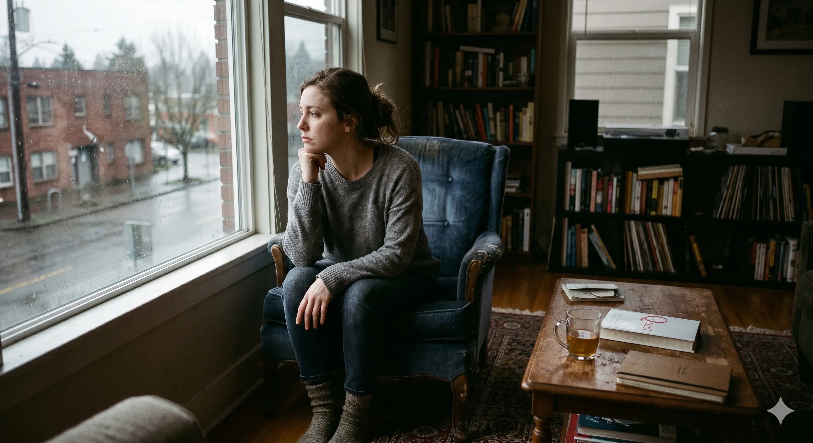 Woman sitting in a chair by a window in a room filled with books.
