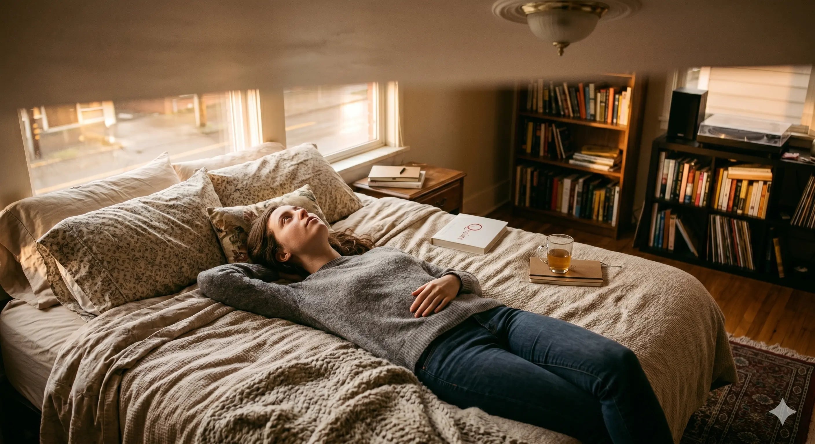Woman lying on a bed in a cozy room with books and a beer.