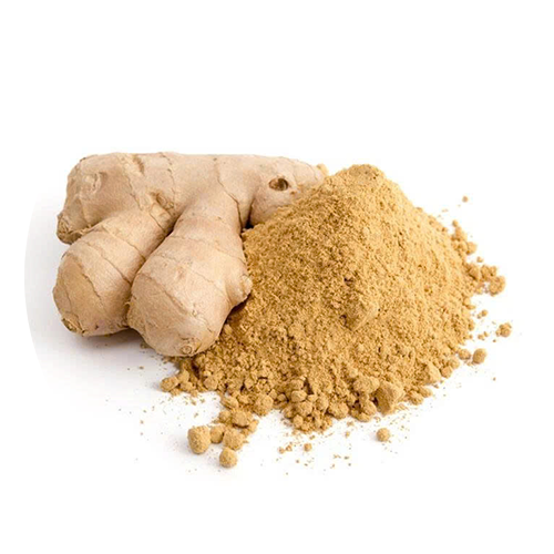 Ginger root and ginger powder on a white background