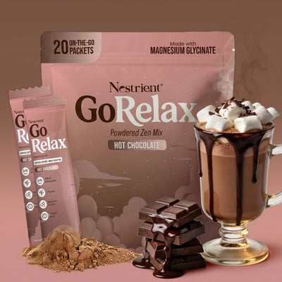 Vitamate GORELAX Calming Zen Mix hot chocolate in a mug, featuring a cozy beverage with whipped cream and chocolate drizzle.