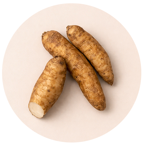 Four yams on a beige plate with a white background