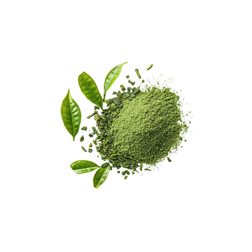Green tea powder with tea leaves on a white background