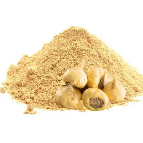 Pile of garlic bulbs and garlic powder on a white background