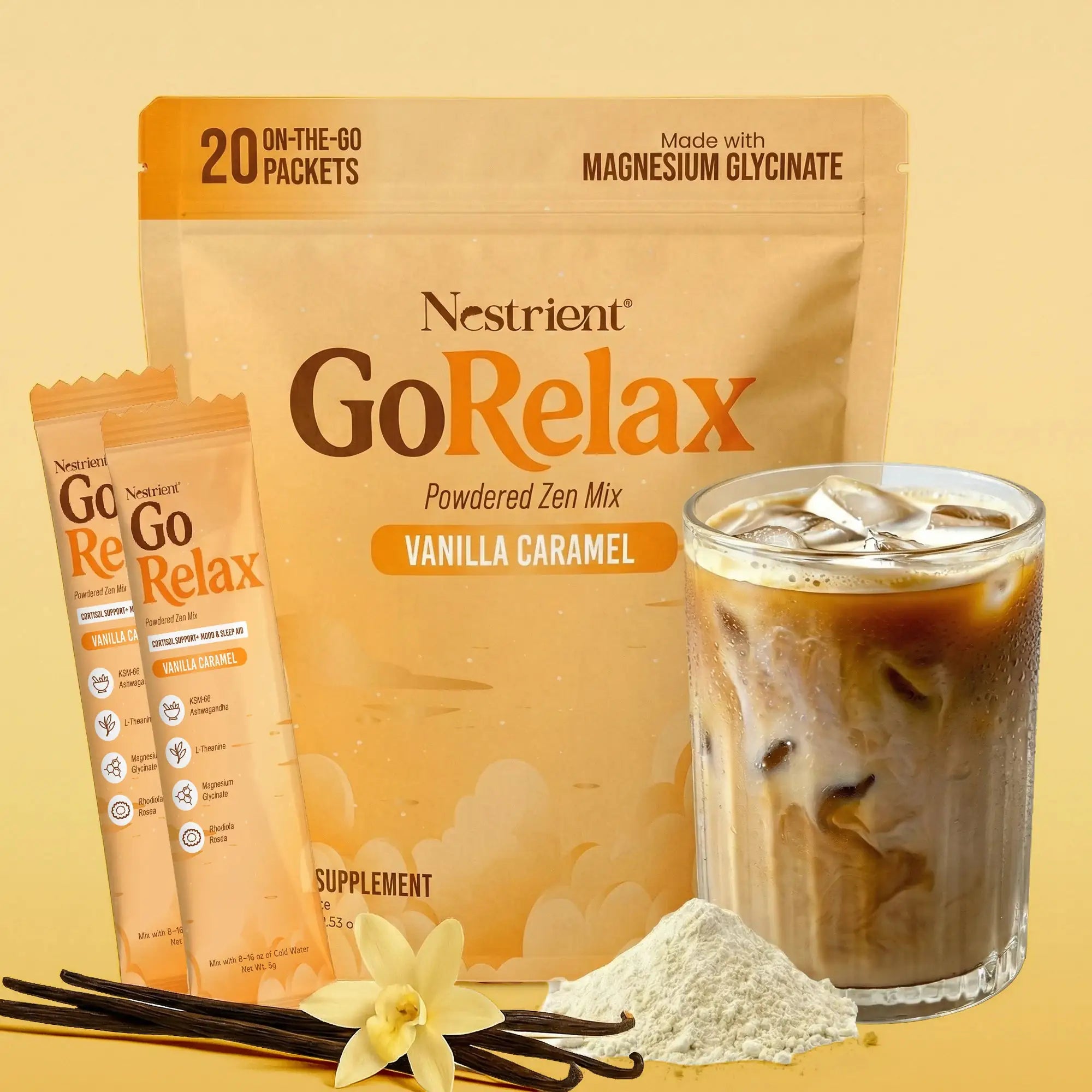 Sownex Nestrient GoRelax vanilla caramel powdered drink mix with cortisol balance supplements in a resealable pouch.