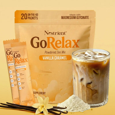 Sownex Nestrient GoRelax vanilla caramel powdered drink mix with cortisol balance supplements in a resealable pouch.