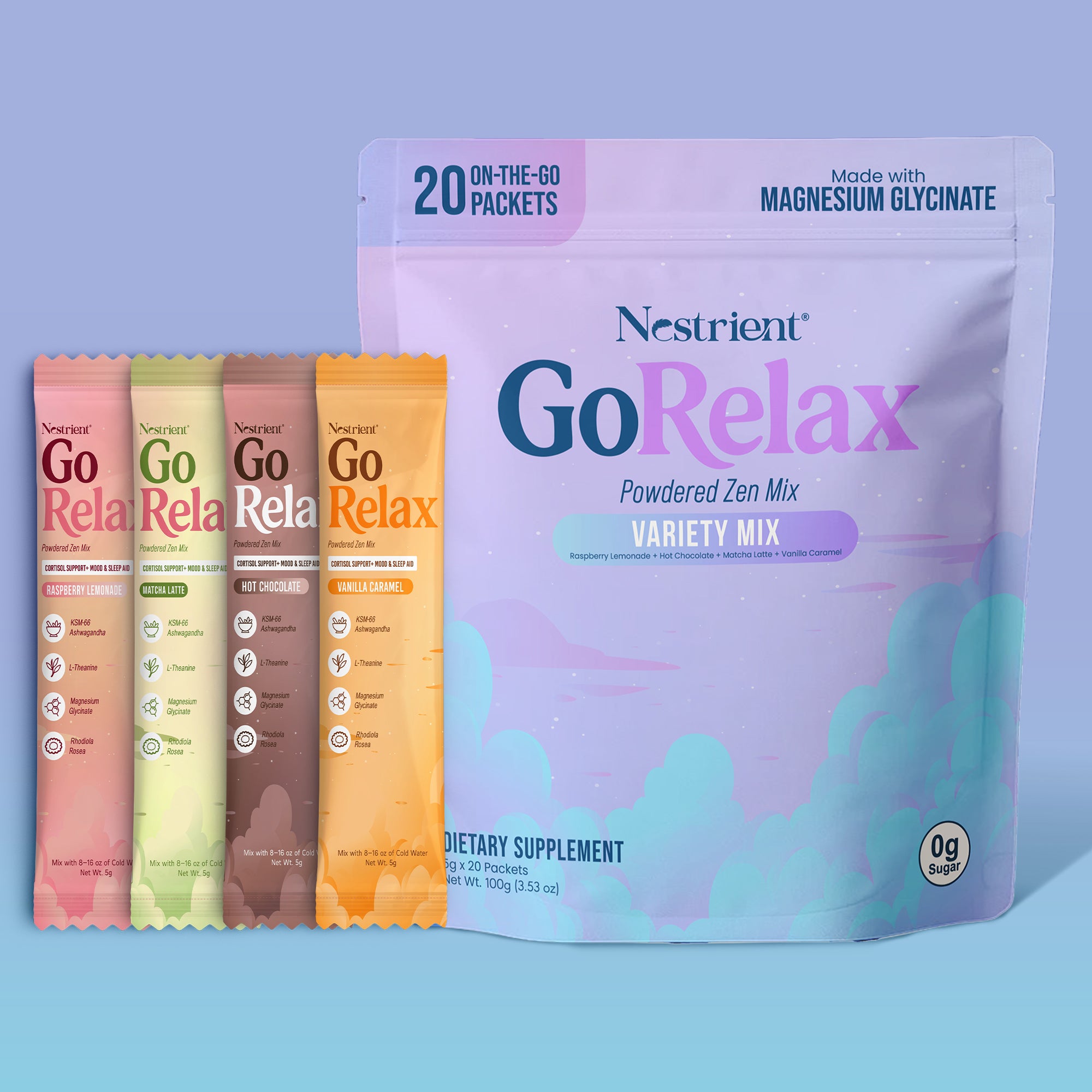 Nestrient GoRelax variety mix powdered supplement by Vitamate, featuring cortisol balance dietary supplement for relaxation and stress relief.