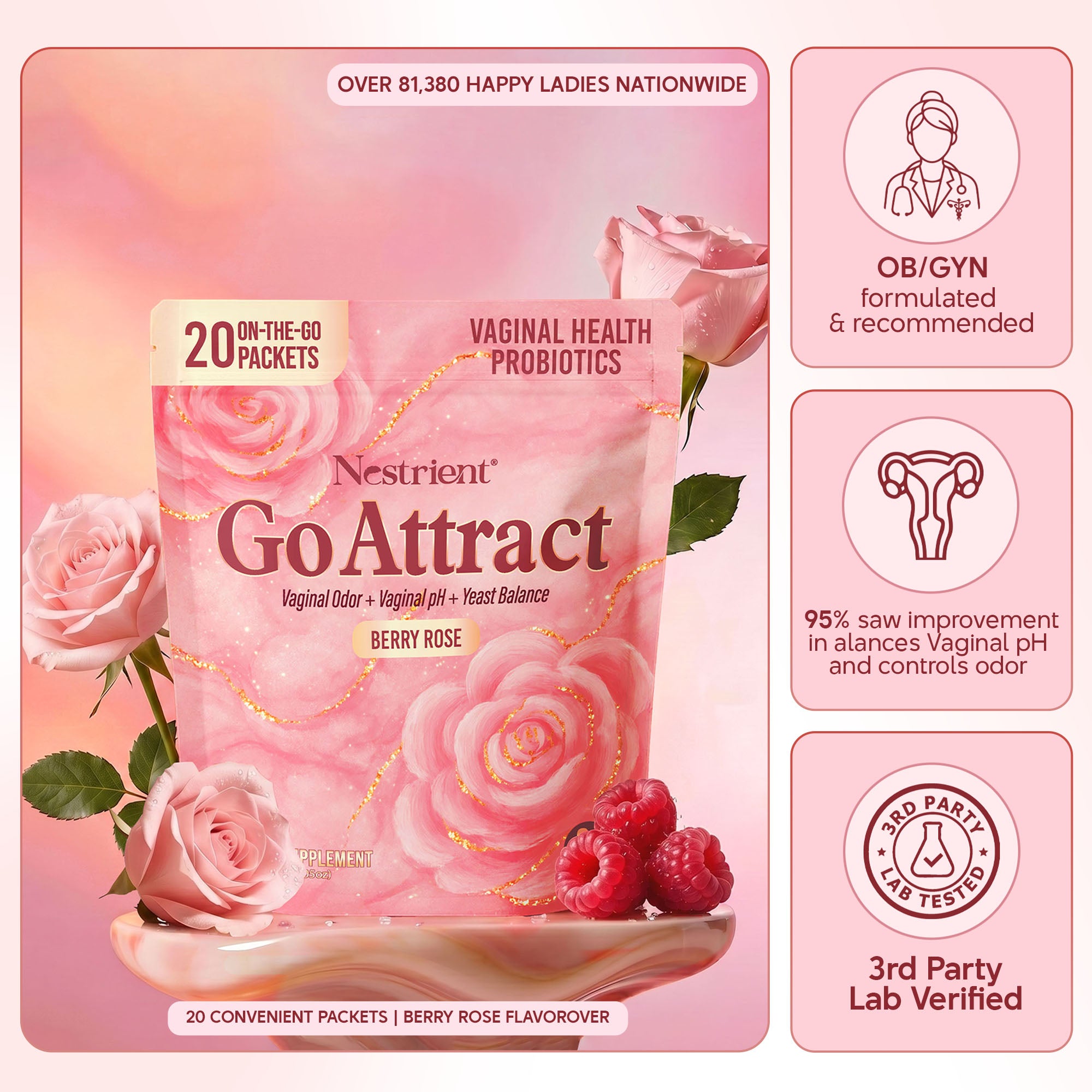 Nestrient GoAttract feminine balance glow drink mix with probiotics and rose extract in berry rose flavor, shown in a glass with ingredients
