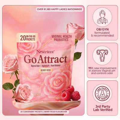 Nestrient GoAttract feminine balance glow drink mix with probiotics and rose extract in berry rose flavor, shown in a glass with ingredients