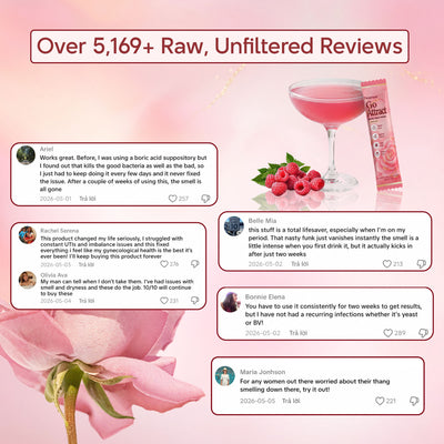 Nestrient GoAttract feminine balance glow drink mix with probiotics and rose extract in berry rose flavor, shown in a glass and packaging