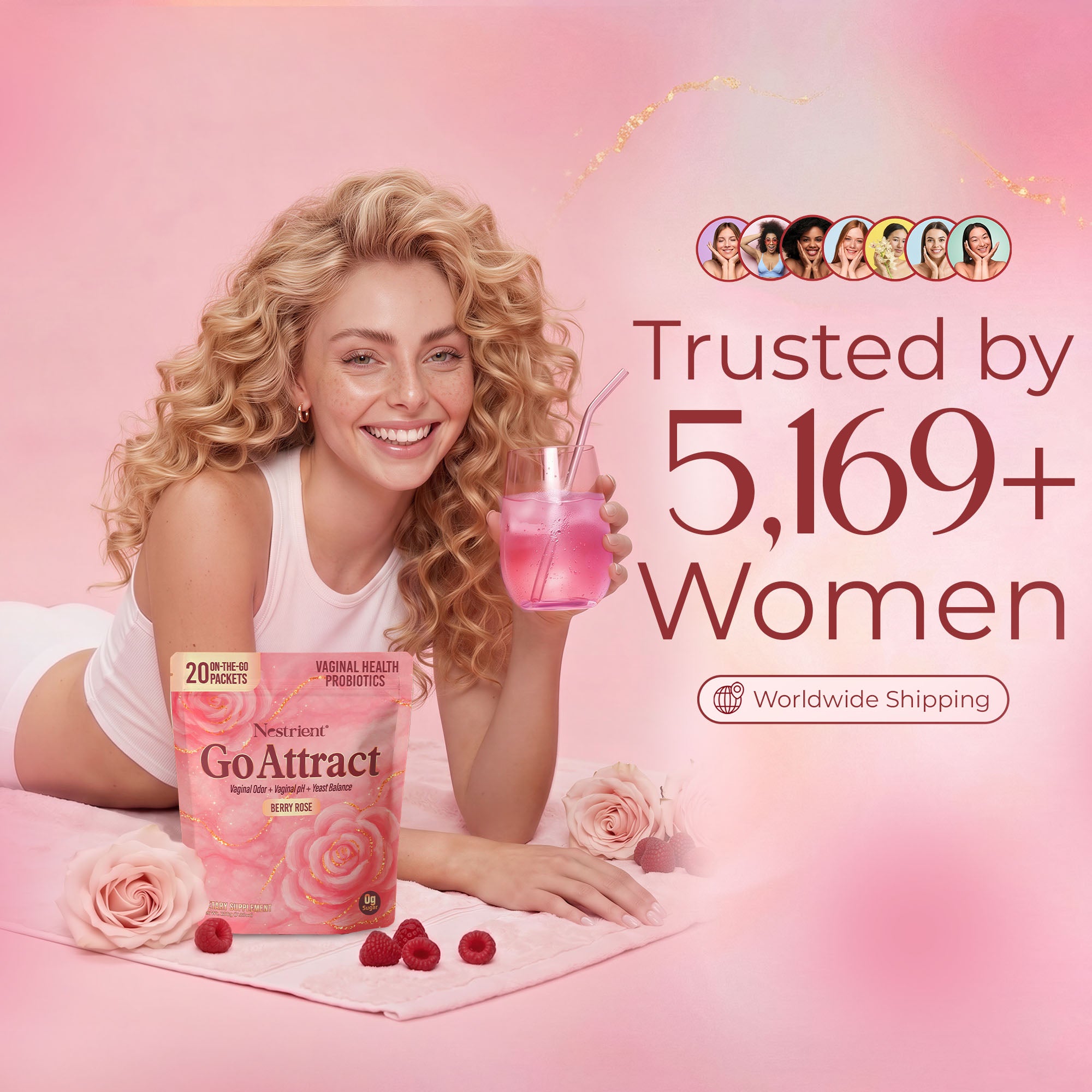 Nestrient GoAttract feminine balance glow drink mix with probiotics and rose extract in berry rose flavor, displayed in a glass.