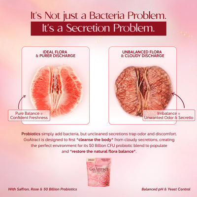 Nestrient GoAttract feminine balance glow drink mix with probiotics and rose extract, berry rose flavor, showing the powder packet and glass.