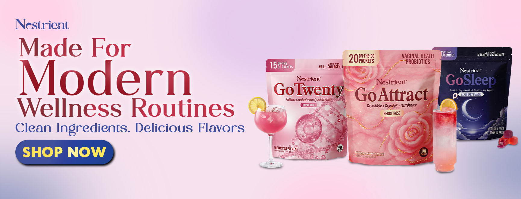 Nourier health products including GoTwenty, GoAttract, and GoSleep on a white background with promotional text.