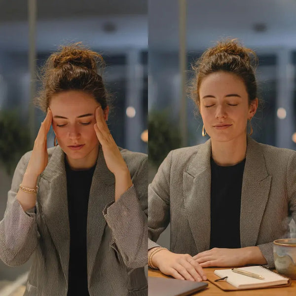 Woman experiencing a headache and then relaxing at a desk.