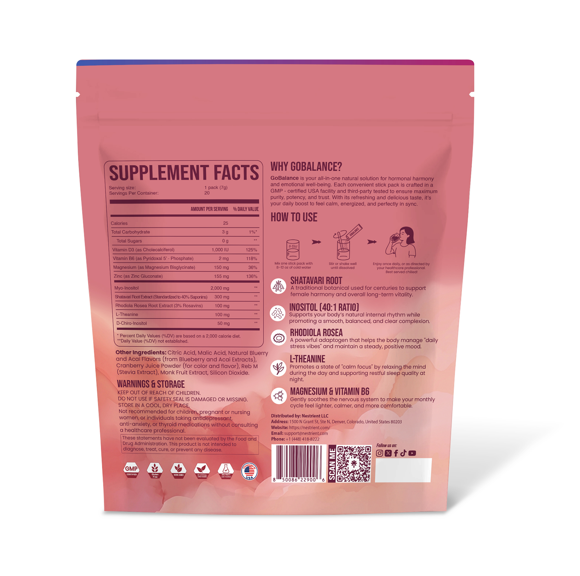 Nestrient GoBalance hormonal support drink mix in blue packaging, featuring powder packets for balanced hormone health.