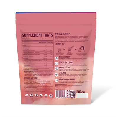 Nestrient GoBalance hormonal support drink mix in blue packaging, featuring powder packets for balanced hormone health.
