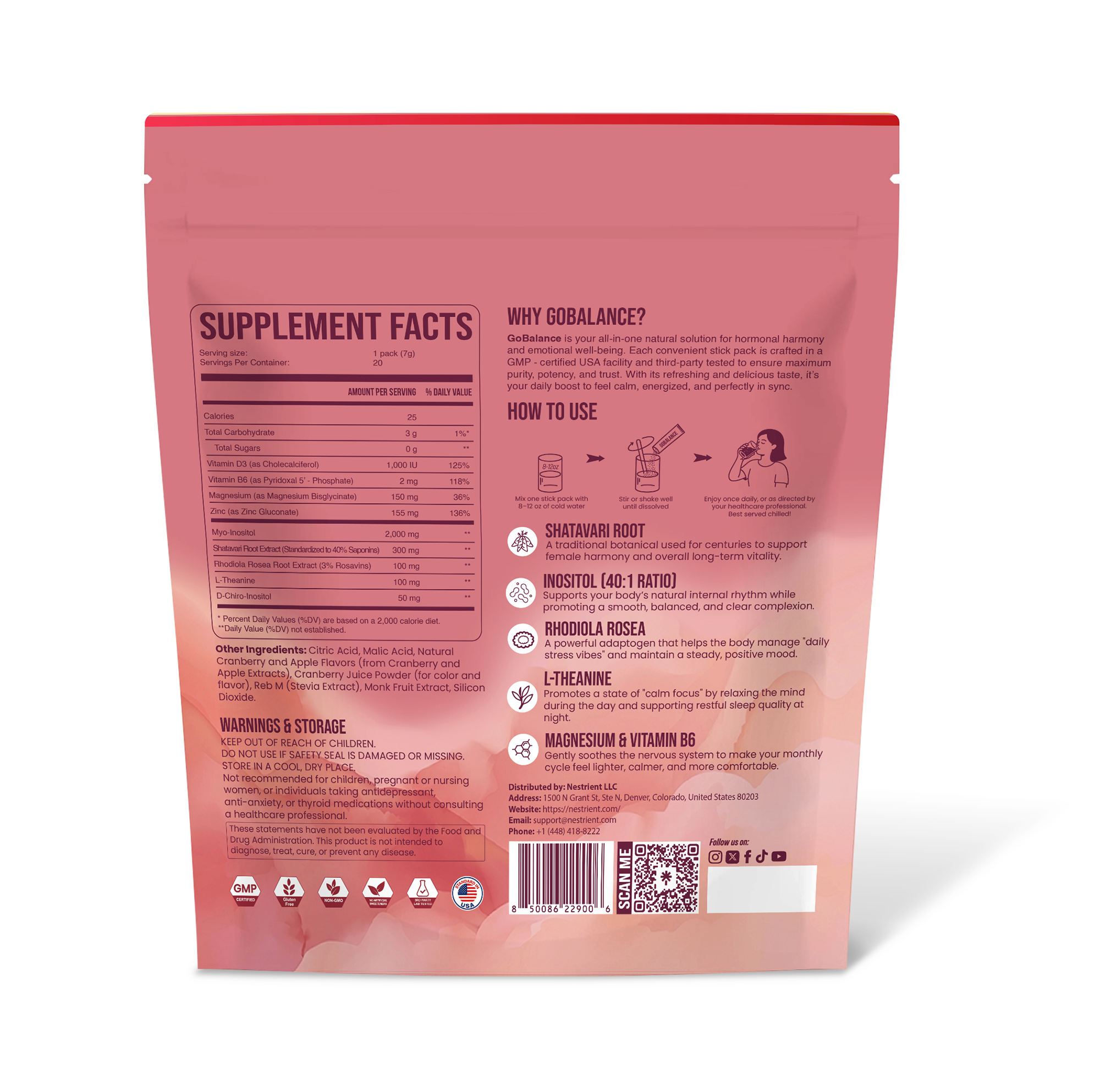 Nestrient GoBalance hormonal support drink mix with cranberries and natural ingredients, shown in a back view of the package.