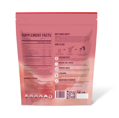 Nestrient GoBalance hormonal support drink mix with cranberries and natural ingredients, shown in a back view of the package.