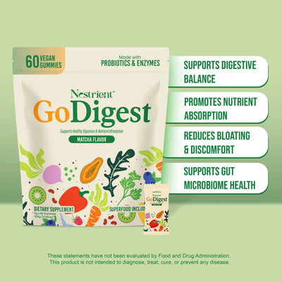Nestrient GoDigest Probiotics & Enzymes Gummies in matcha flavor, showing a close-up of the green gummies on a white background.