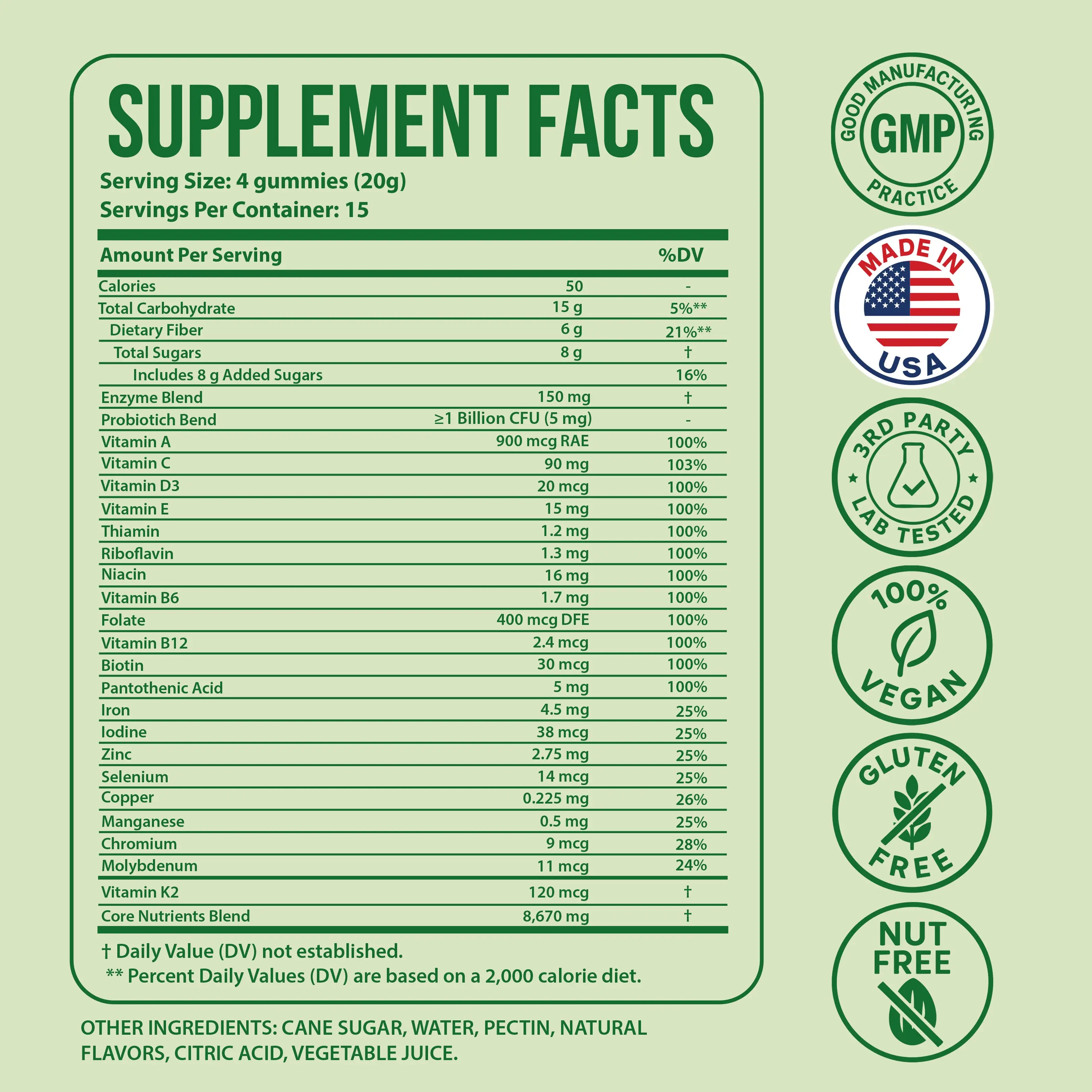 Nestrient GoDigest probiotics and enzymes gummies in matcha flavor, featuring colorful gummy bears with green matcha accents.