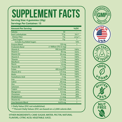 Nestrient GoDigest probiotics and enzymes gummies in matcha flavor, featuring colorful gummy bears with green matcha accents.