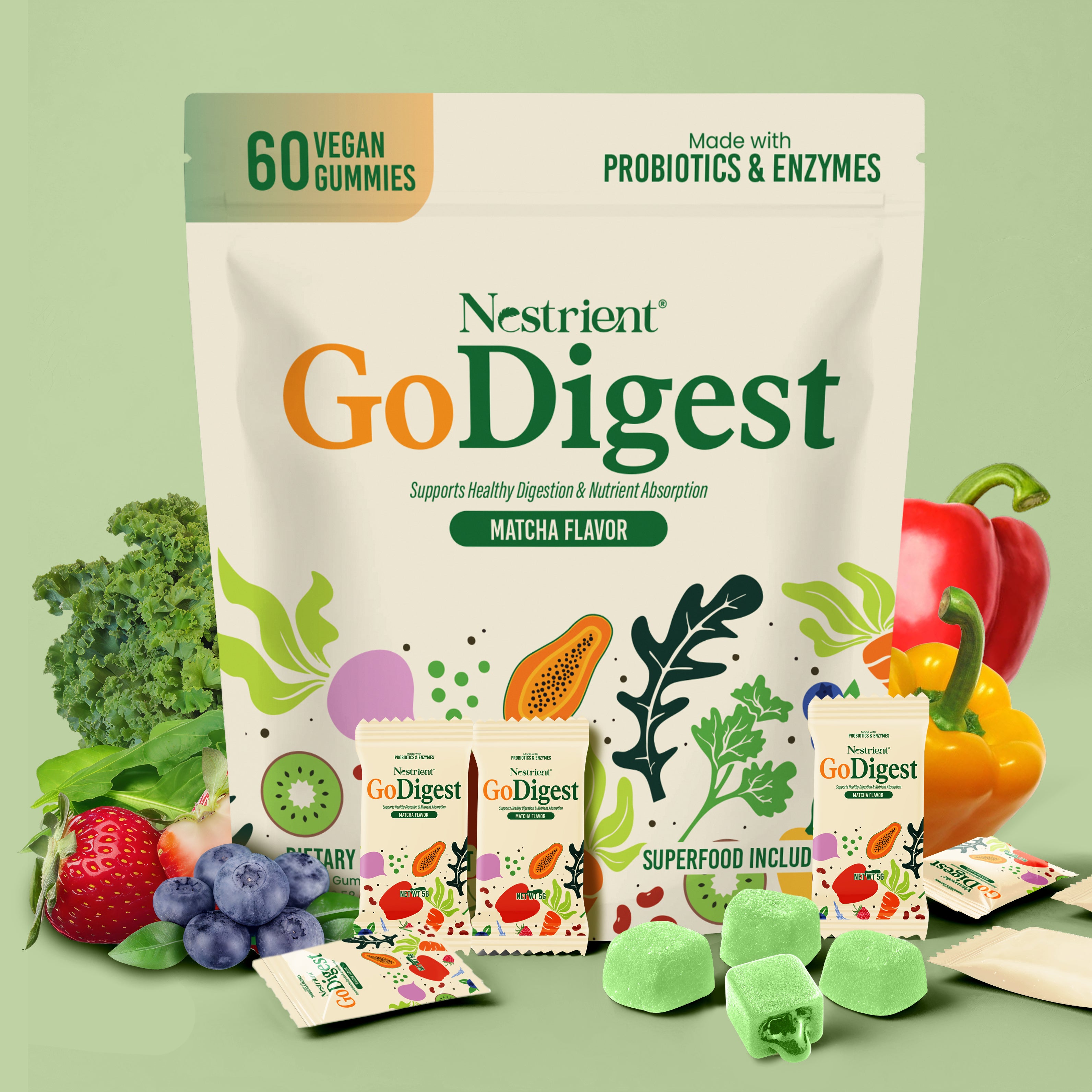 Nestrient GoDigest Probiotics & Enzymes Gummies – Matcha Flavor