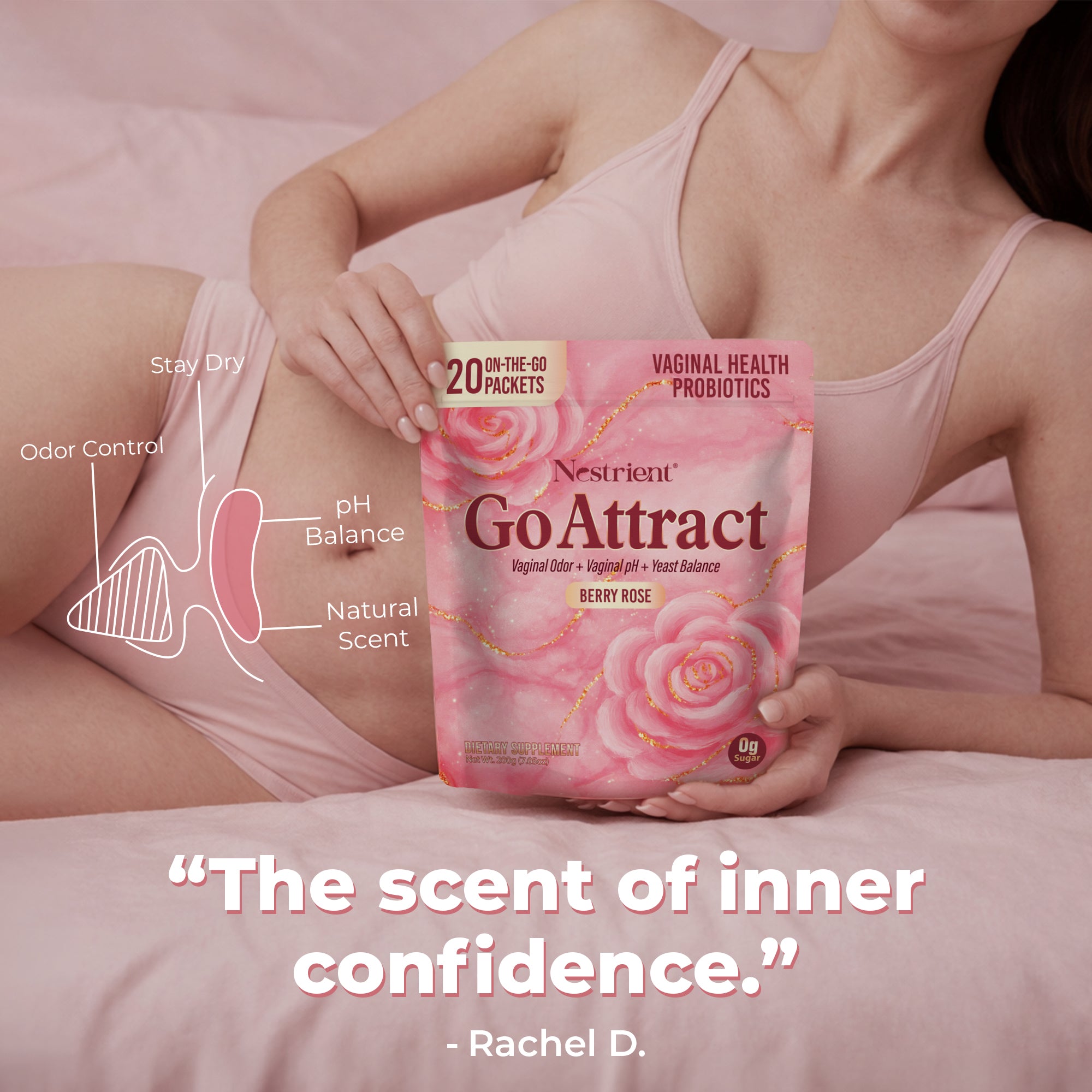 Nestrient GoAttract feminine balance glow drink mix with probiotics and rose extract in berry rose flavor, displayed in a glass and packet