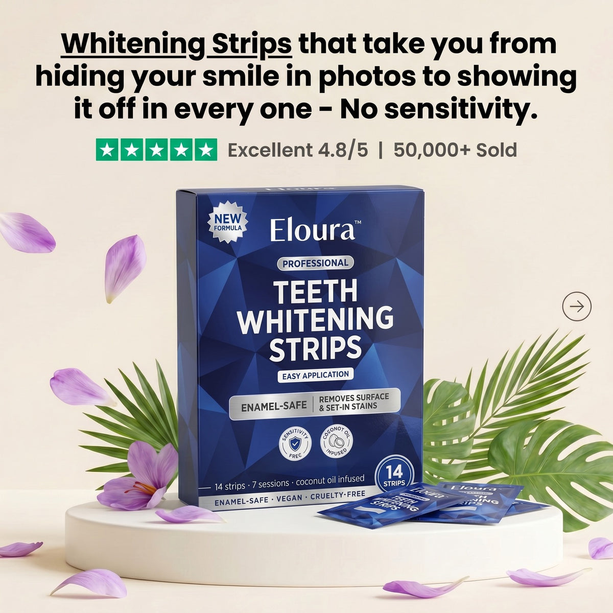 Nestrient Eloura Whitening Strips for instant teeth whitening, showing 14 strips in a sealed package on a white background.