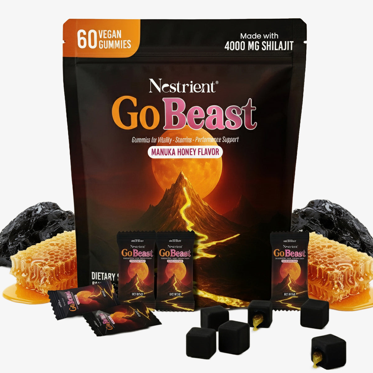 Nestrient GoBeast Shilajit Gummies – Manuka Honey Flavor
