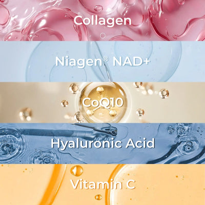 Nestrient GoTwenty youthful vitality powdered drink mix in berry rose flavor with NAD+, collagen, and CoQ10, displayed in a glass.
