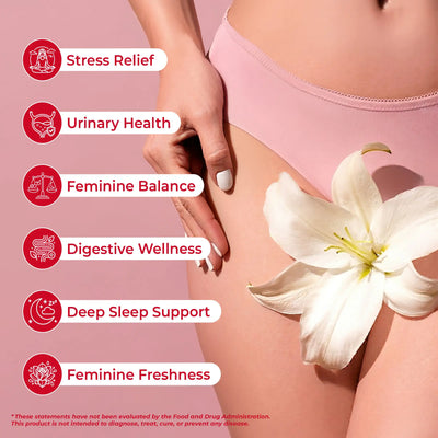 Nestrient GoAttract Feminine Balance Glow Drink Mix with probiotics and rose extract in berry rose flavor, shown in a glass with ingredients.